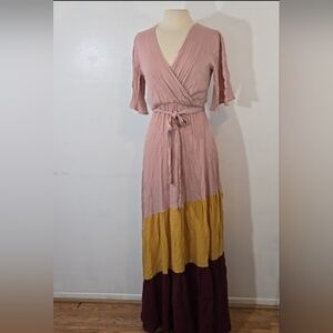Blue Blush Tiered Colorblock Pink Gold & Burgundy Maxi Dress Small